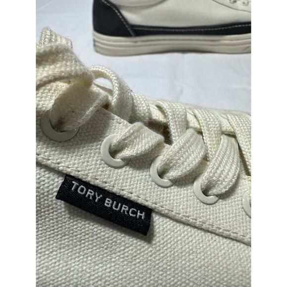 TORY BURCH Women's Classic Court Lace Up Canvas Sneakers Ivory & Black size 7.5M - Picture 8 of 12